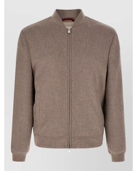 Brunello Cucinelli Brown Cashmere Bomber Jacket Collarless Ribbed Trim for men