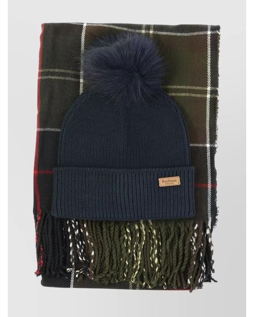 Barbour Black "Dover" Check Pattern Scarf And Beanie Set