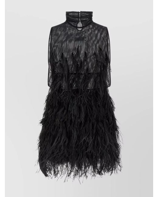 The Attico Black Feathered High Neck Dress With Sheer Overlay
