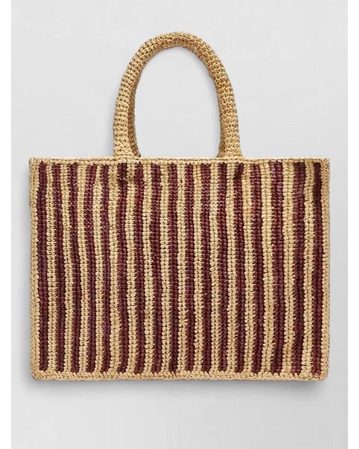 Mc2 Saint Barth Brown Colette Striped Raffia Handbag Logo Embroidery