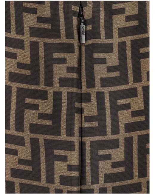 Fendi Brown Silk High-Rise Ff-Print Midi A-Line Skirt