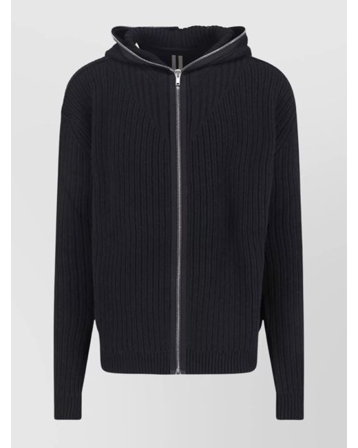 Rick Owens Blue Hooded Crewneck Sweater Ribbed Texture for men