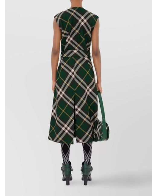 Burberry Green Wool V-Neck Sleeveless Belted Check Midi Dress