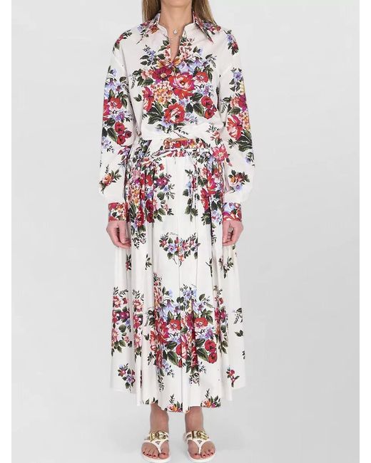 Dolce & Gabbana White Long Skirt Floral Bouquet Print