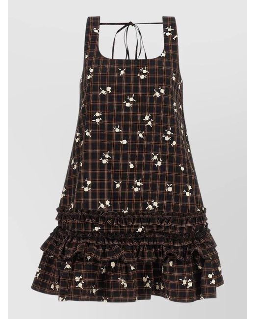 Ganni Black Checked Floral-Embroidered Sleeveless Mini Dress