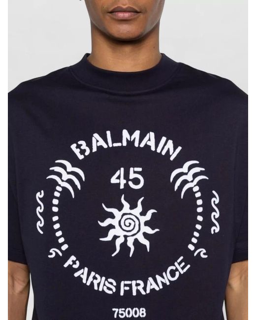 Balmain Blue Graphic Print Crew Neck Short Sleeve T-Shirt for men