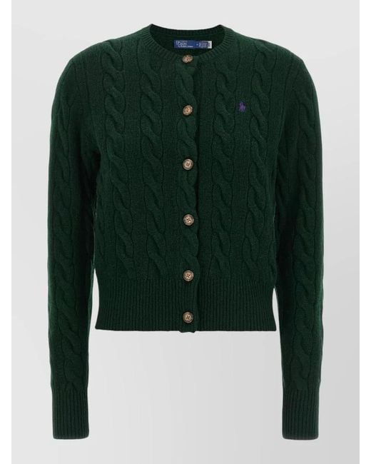 Polo Ralph Lauren Green Cashmere Wool Braided Crew Neck Cardigan