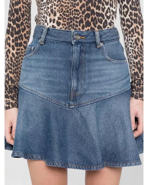 Ganni Blue Denim Skirt Flared Hem Multiple Pockets