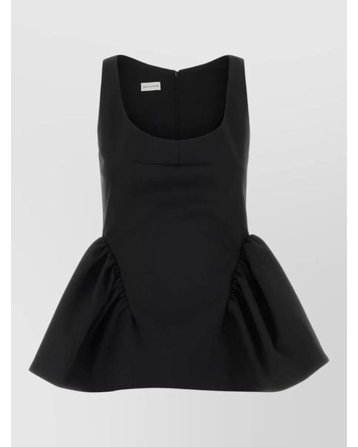 Dries Van Noten Black Stretch Gabardine Peplum Top Scoop Neckline