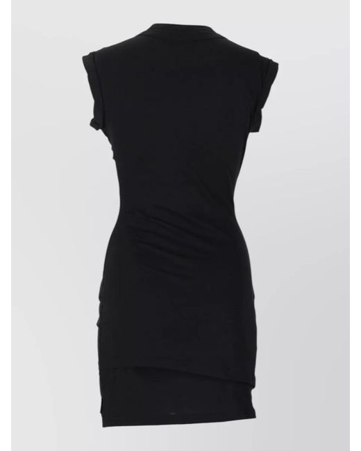 Alexander Wang Black Cotton Ribbed High-Neck Sleeveless Draped Asymmetric Mini Dress
