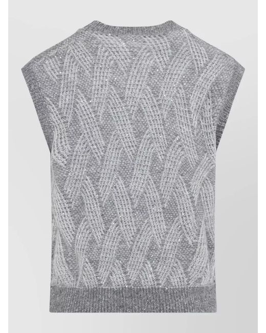 Peserico Gray Ribbed Openwork Sleeveless Mock Neck Knitted Top