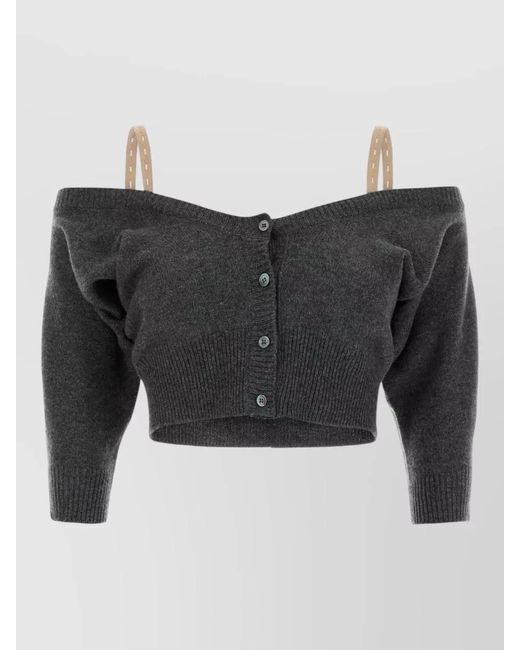Miu Miu Black Cashmere Cardigan Off Shoulder Cropped Ribbed Hem