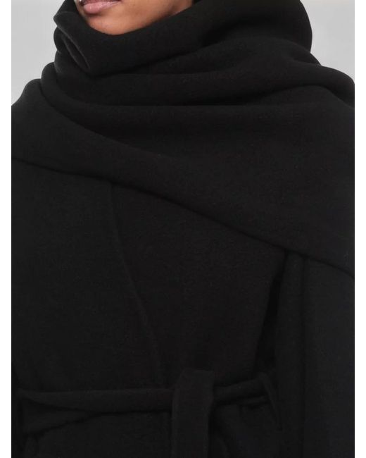 Rick Owens Black Long Hooded Coat Belt And Cape
