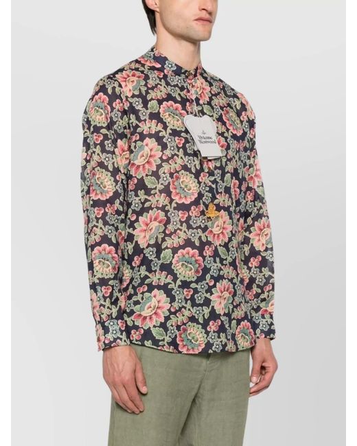 Vivienne Westwood White Floral Print Mock Neck Long Sleeve Shirt for men