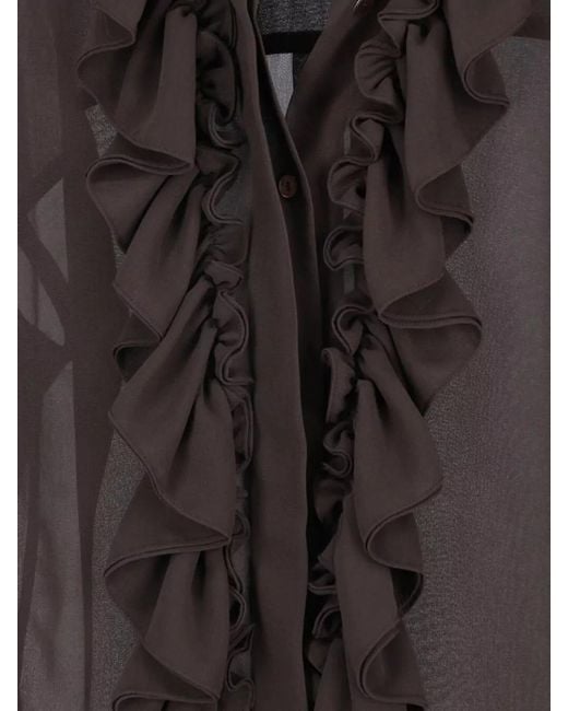 P.A.R.O.S.H. Gray Shirt Collar Sheer Top Long Sleeves Ruffled Front