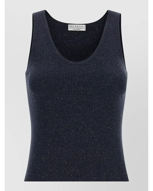 Brunello Cucinelli Blue Sparkling Ribbed Scoop Neck Knit Tank