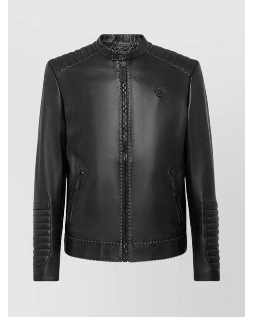 Philipp Plein Black Leather Biker Jacket for men