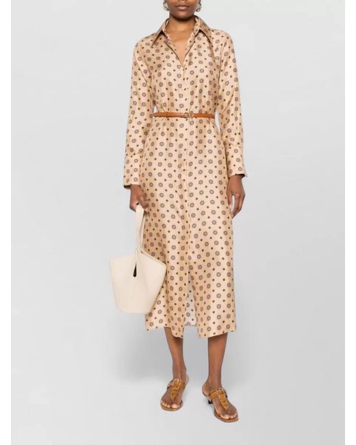 Alberto Biani Natural Silk Printed Long-Sleeve Shirt Midi Dress