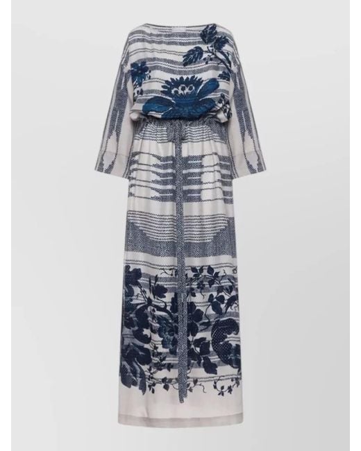 Pierre Louis Mascia Blue Silk Dress Belted Waist Floral Pattern