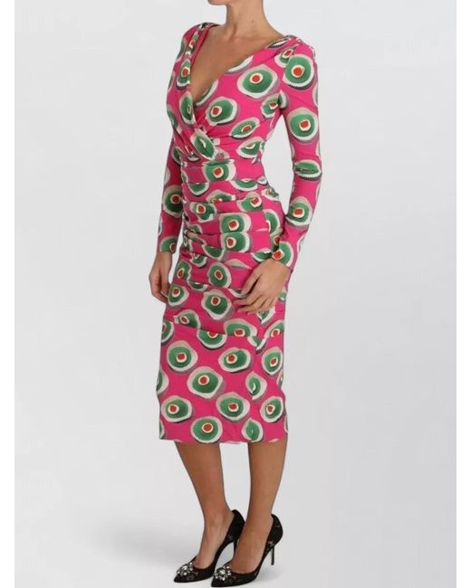 Dolce & Gabbana Red Silk Printed V-Neck Long-Sleeve Midi Dress
