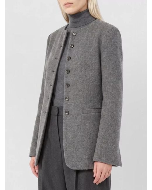 Max Mara Gray Cashmere Crew-Neck Long-Sleeve Single-Breasted Jacket