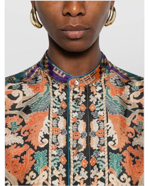 Pierre Louis Mascia White Silk Paisley Print Mandarin Collar Long-Sleeve Shirt