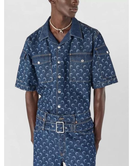 MARINE SERRE Blue Denim Shirt Moon Motif Short Sleeves Pockets for men