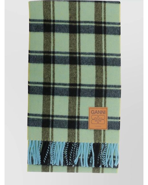 Ganni Green Checked Virgin Wool Scarf