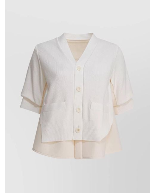 Sacai White Short Sleeve V-Neck Sweater With Ribbed Texture And Front Pockets