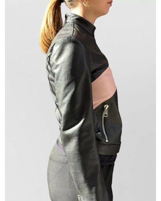 LA ROSE Black Leather Bomber Jacket Color Block Design
