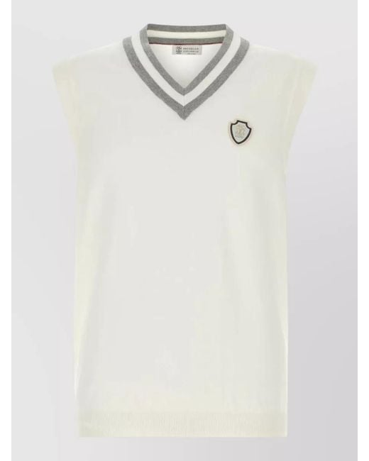 Brunello Cucinelli White Cotton Vest Ribbed Hem V Neckline for men