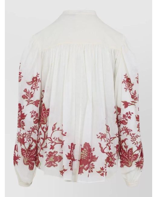 Etro Red Floral Print Pleated Cotton Blouse