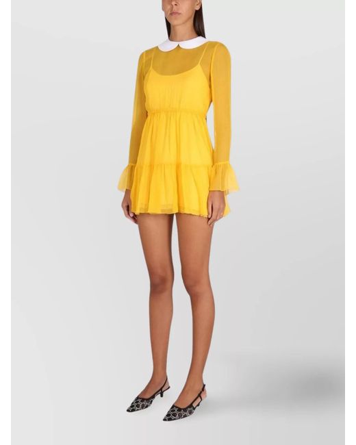Gucci Yellow Silk Crepe Semi-Sheer Layered Bib-Collar Long-Sleeve Mini Dress