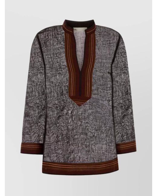 Tory Burch Gray Linen Striped V-Neck Long-Sleeve Tunic