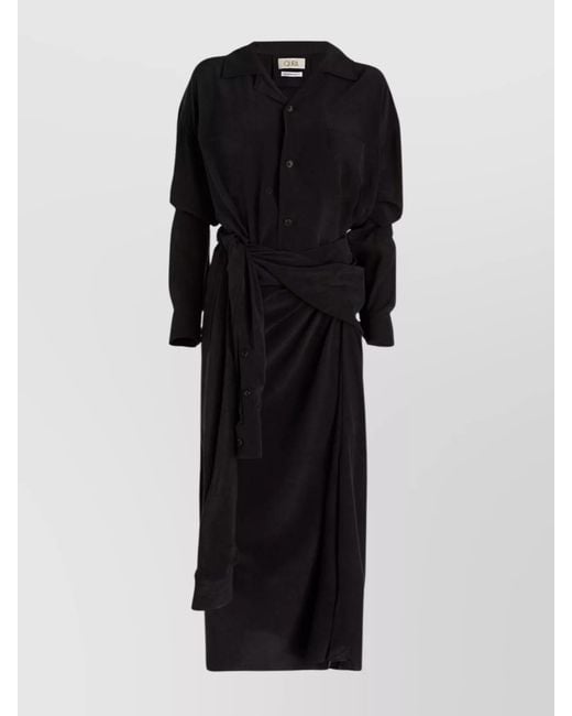 Quira Black Silk Belted Midi Dress