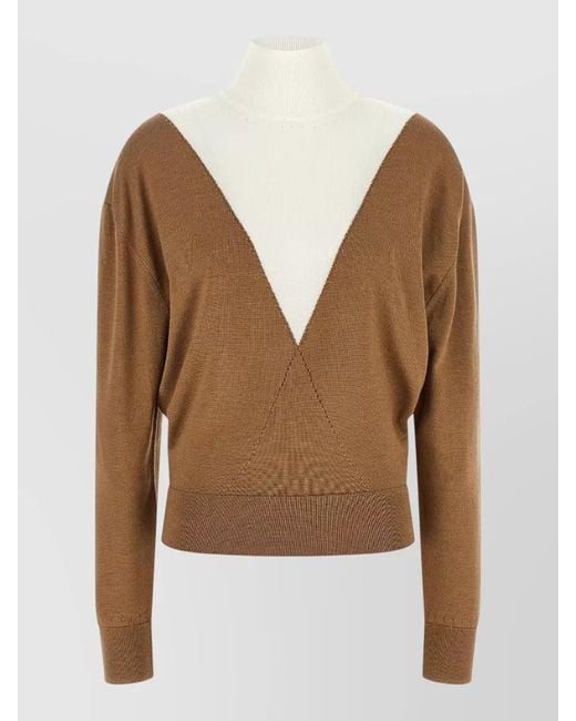 Rabanne Brown Virgin Wool Silk V-Neck Trompe Loeil Long-Sleeve Sweater