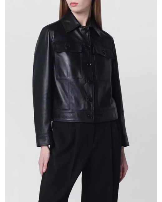Salvatore Santoro Black Collared Leather Finish Coat Flap Pockets