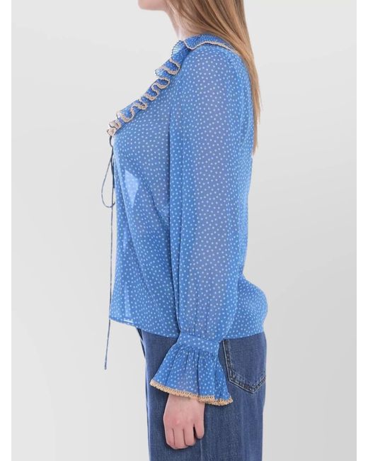 Valentino Garavani Blue Silk Printed V-Neck Blouse
