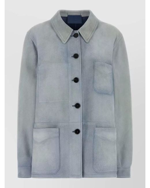 Prada Blue Suede Jacket Long Sleeves Collar Pockets