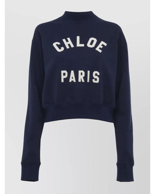 Chloé Blue Cotton Mock-Neck Cropped Sweatshirt
