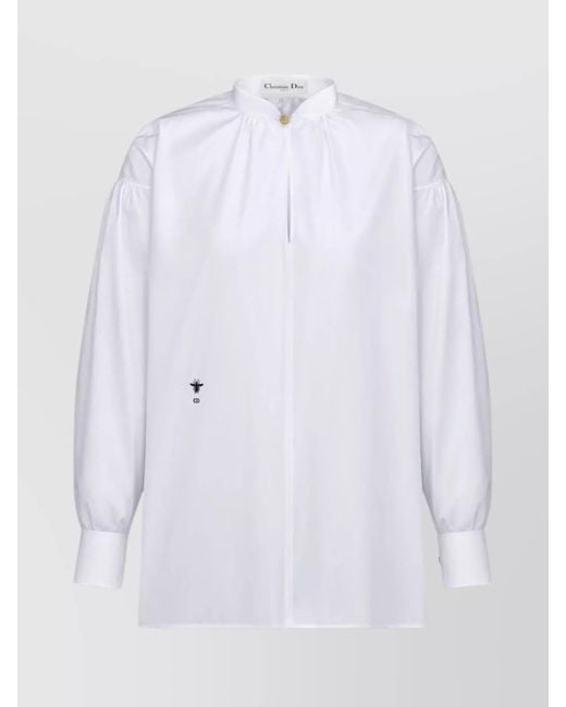 Dior White Embroidered Stand Collar Long Sleeves Top