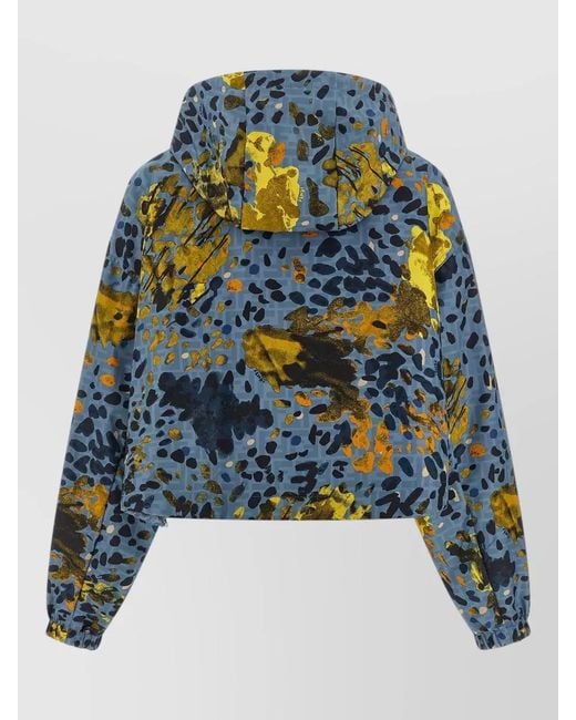 Fendi Blue Cropped Hooded Jacket Reversible All Over Print