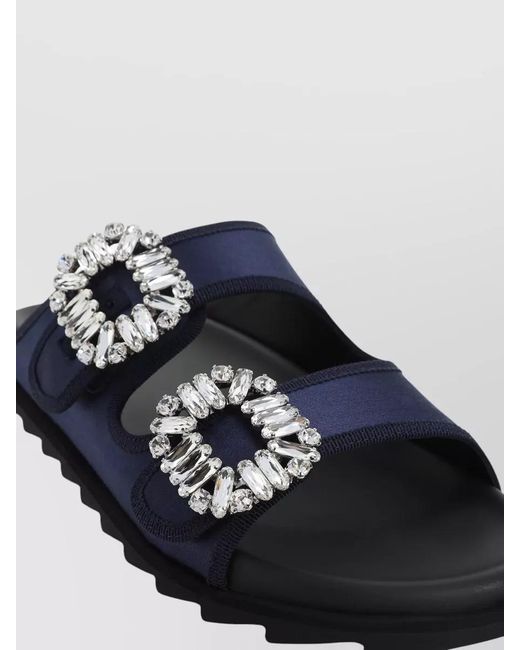 Roger Vivier Blue Satin Crystal-Embellished Mules