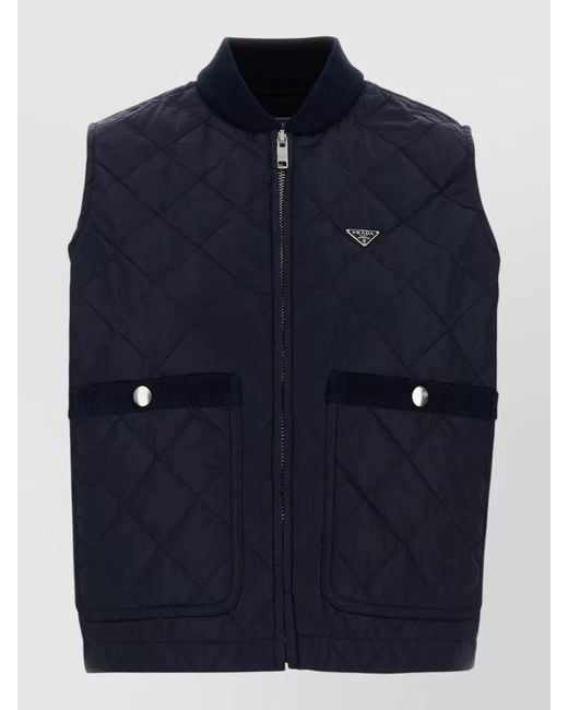 Prada Blue Re Nylon Sleeveless Jacket Quilted Ribbed Collar