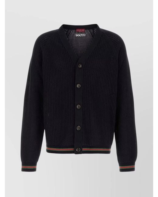 Gucci Blue Cotton Crochet V-Neck Ribbed Cardigan for men
