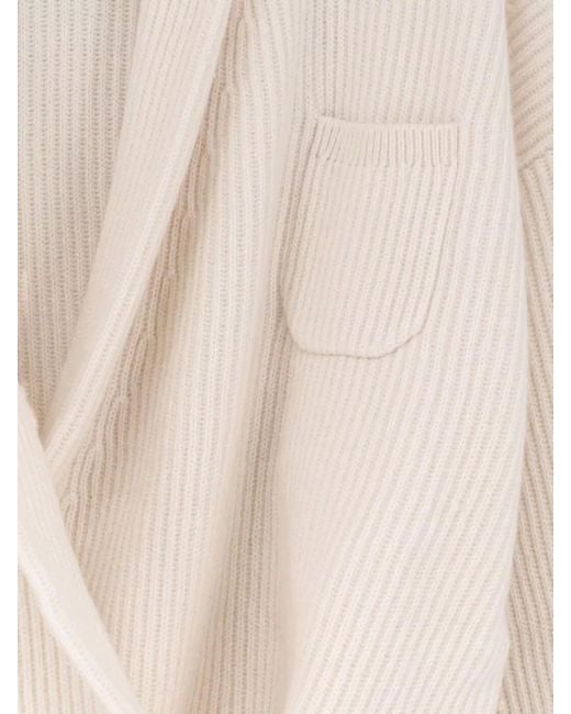 Brunello Cucinelli Natural Shawl Collar Ribbed Top Dropped Shoulders
