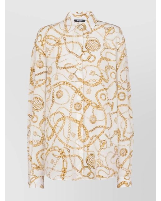 Balmain Natural Silk Printed Long-Sleeve Shirt