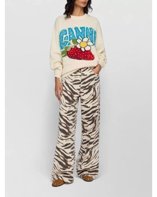 Ganni Blue Wool Oversized Strawberry-Intarsia Crew-Neck Sweater