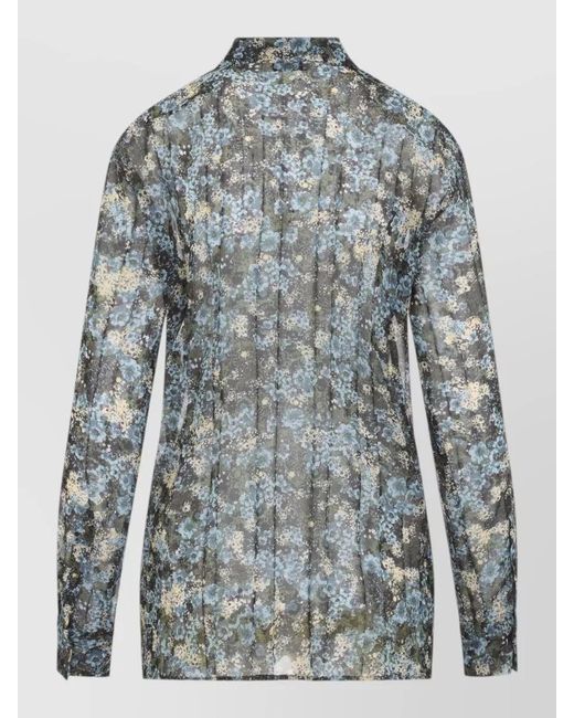 Dries Van Noten Blue Floral Collared Sheer Shirt Long Sleeves