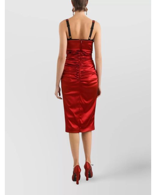 Dolce & Gabbana Red Draped Satin Bustier Midi Dress